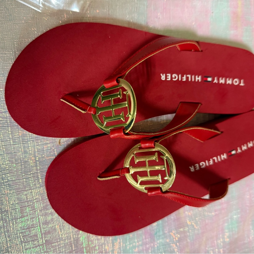 Tommy Hilfiger Red Sandals with Gold Emblem